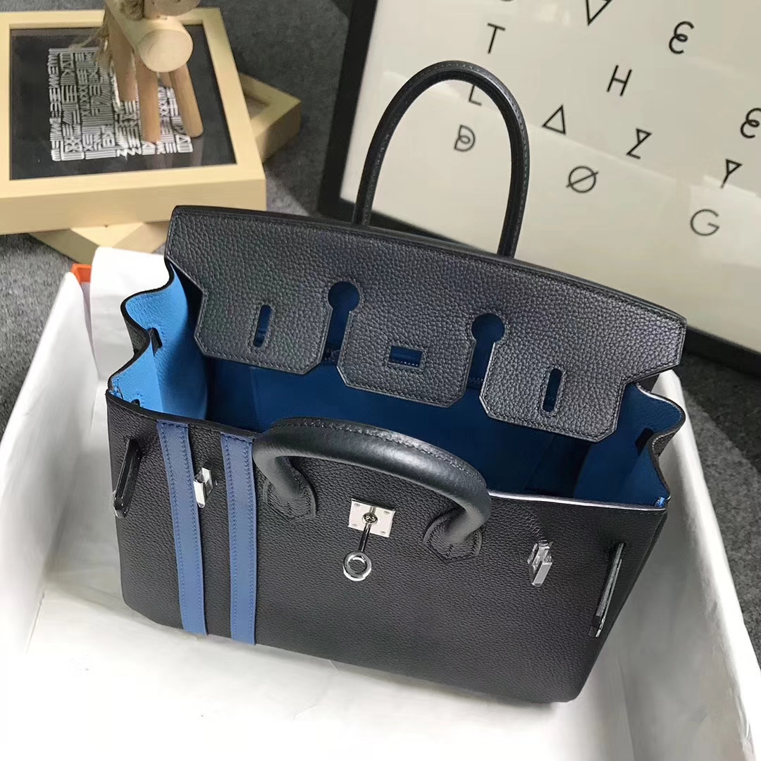 Hermès（爱马仕）松柏绿拼琉璃蓝 原厂御用顶级小牛皮拼Swift  Birkin 25 银扣