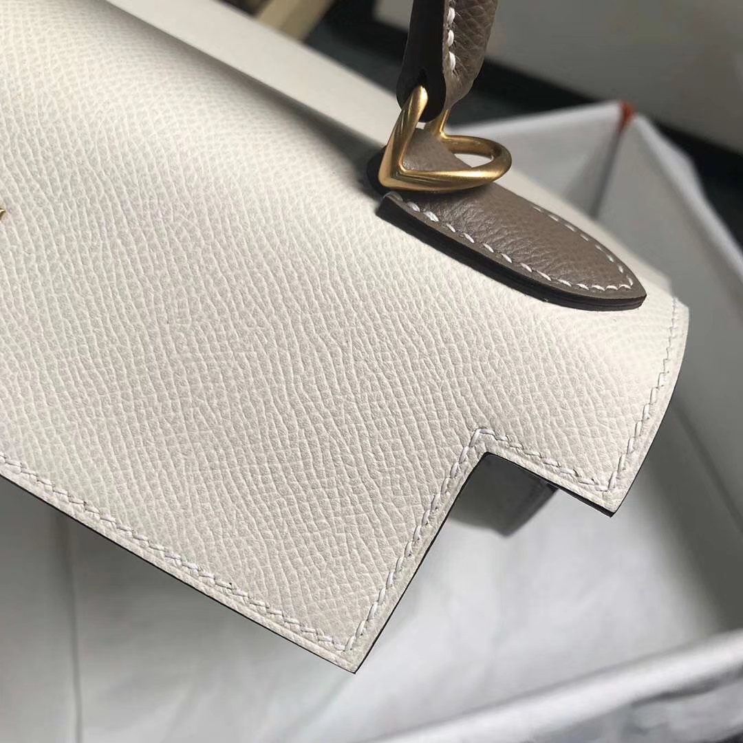 Hermès（爱马仕）奶昔白拼CK18大象灰 原厂御用顶级Epsom 皮 Kelly 28 外缝 金扣 现货