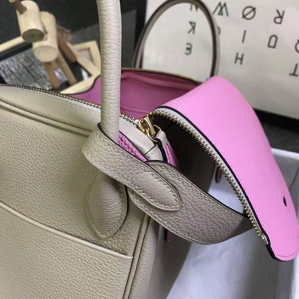 Hermès（爱马仕）S2 风衣灰拼5P樱花粉 原厂御用顶级小牛皮 Lindy 30 金扣