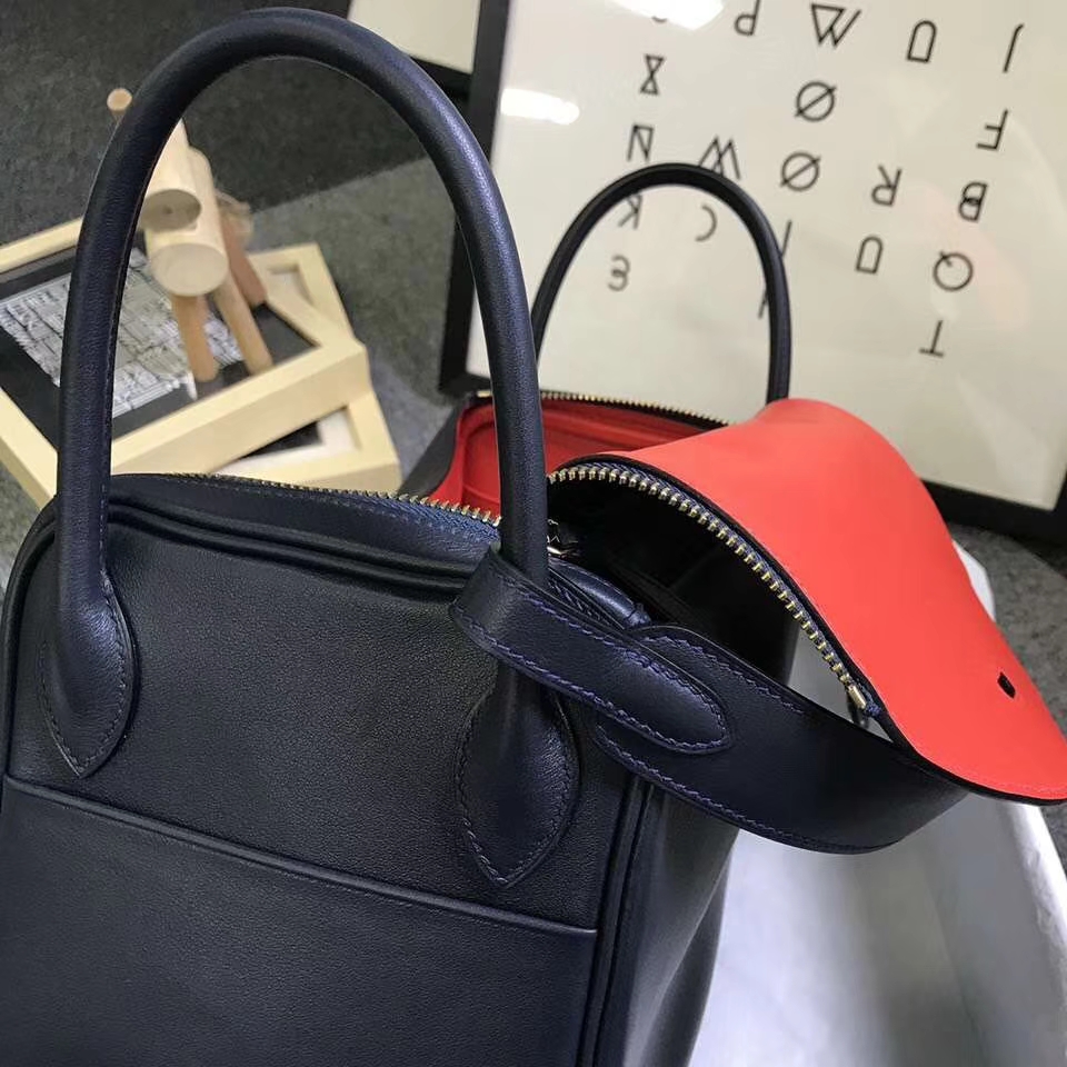 Hermès（爱马仕）午夜蓝拼罂粟橘色 原厂御用顶级Swift 皮 Lindy 30 金扣