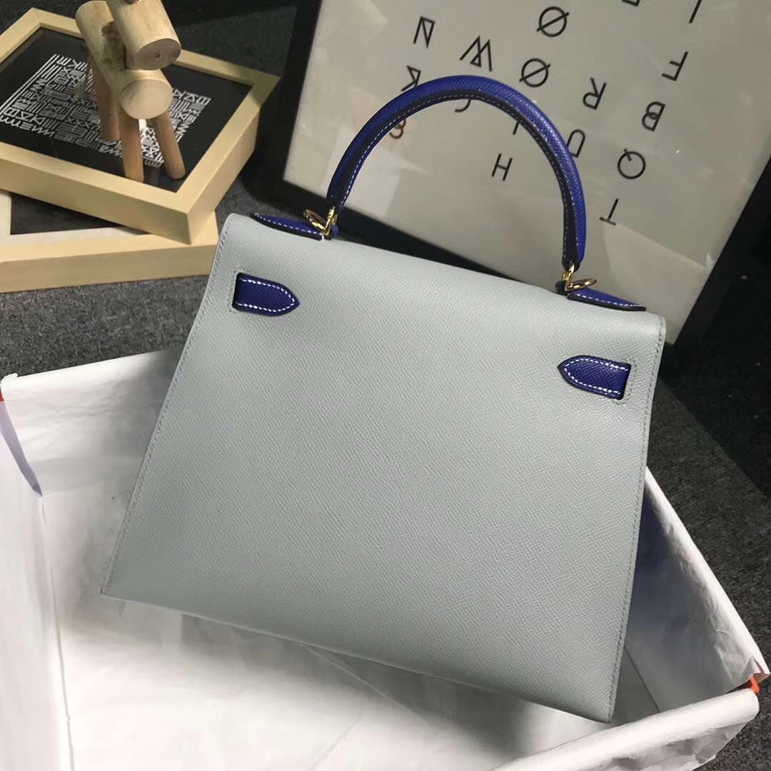 Hermès（爱马仕）4Z海鸥灰拼电光蓝 原厂御用顶级Epsom 皮 Kelly 28 外缝 金扣