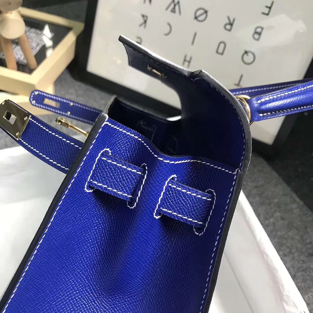 Hermès（爱马仕）4Z海鸥灰拼电光蓝 原厂御用顶级Epsom 皮 Kelly 28 外缝 金扣