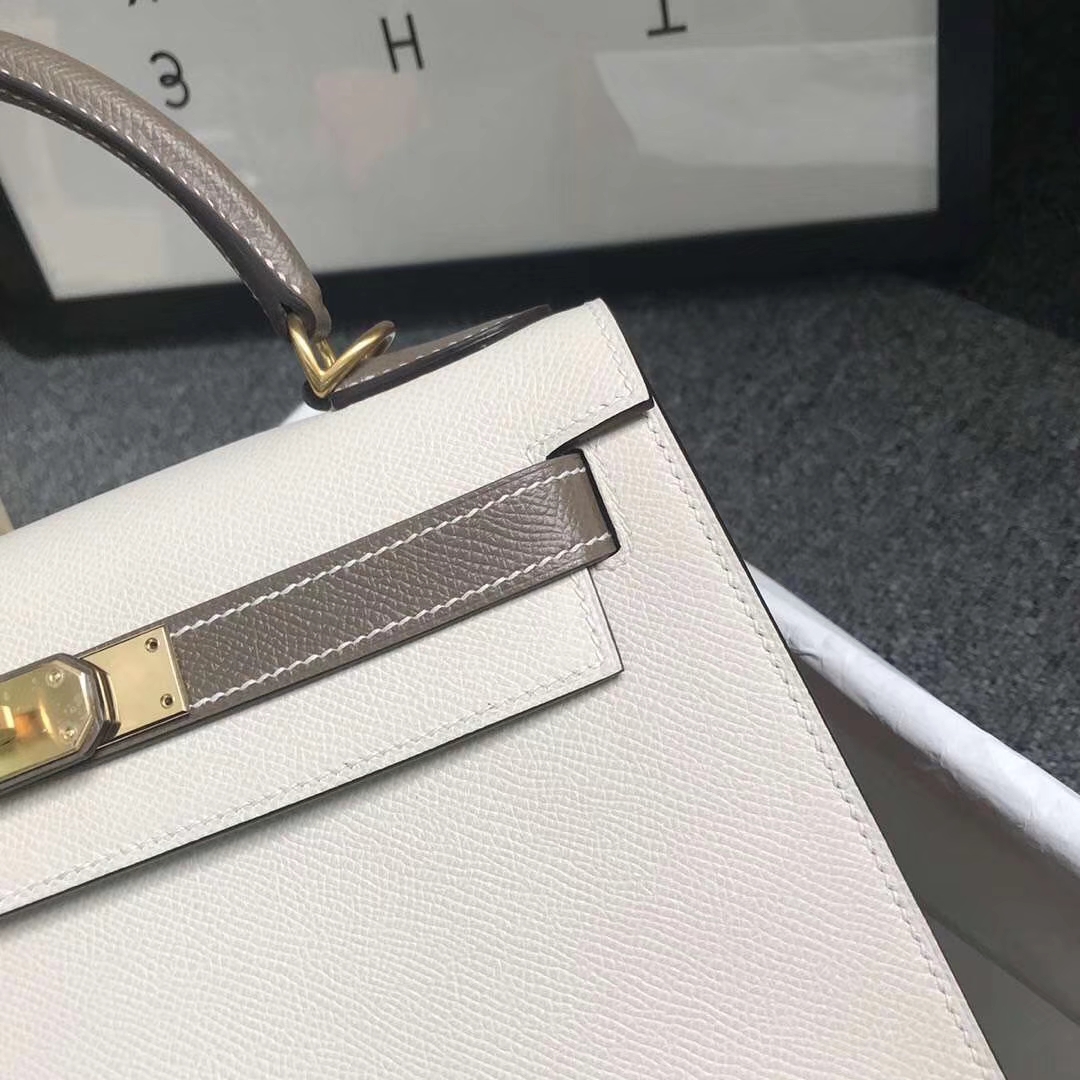 Hermès（爱马仕）奶昔白拼CK18大象灰 原厂御用顶级Epsom 皮 Kelly 28 外缝 金扣 现货