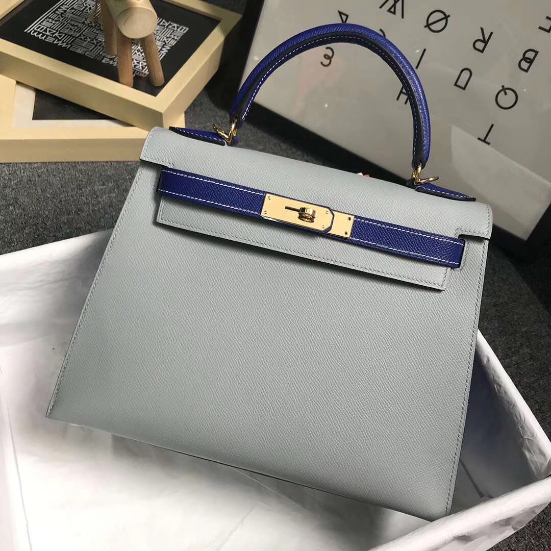 Hermès（爱马仕）4Z海鸥灰拼电光蓝 原厂御用顶级Epsom 皮 Kelly 28 外缝 金扣