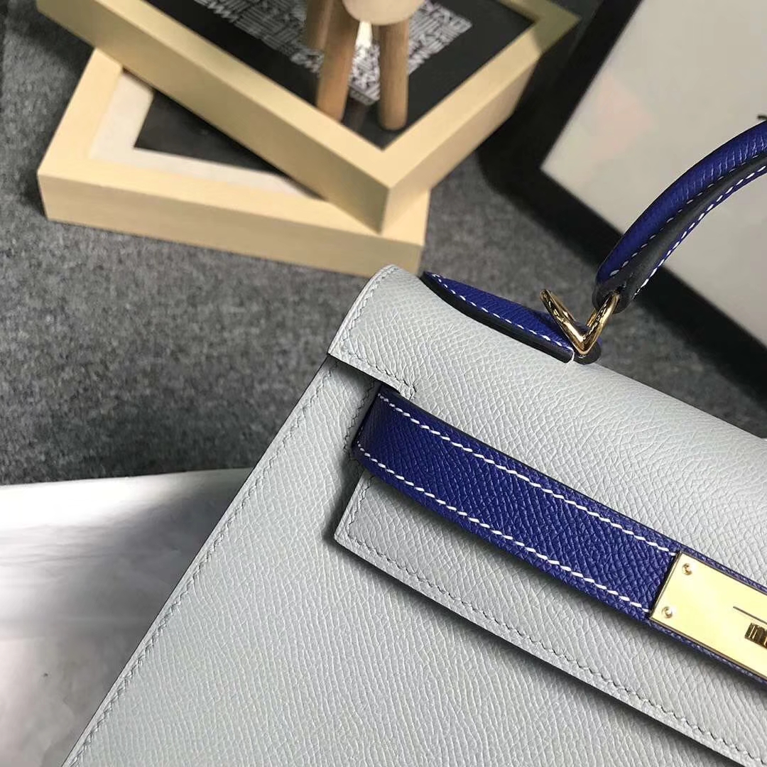 Hermès（爱马仕）4Z海鸥灰拼电光蓝 原厂御用顶级Epsom 皮 Kelly 28 外缝 金扣