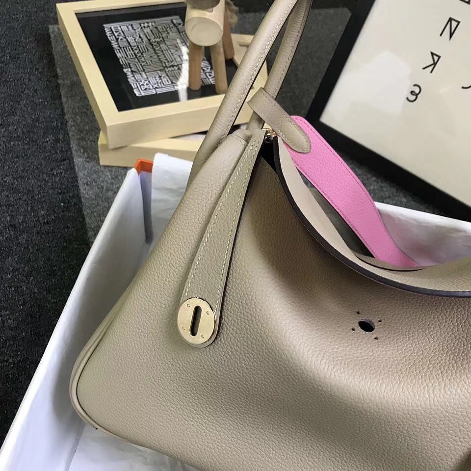 Hermès（爱马仕）S2 风衣灰拼5P樱花粉 原厂御用顶级小牛皮 Lindy 30 金扣