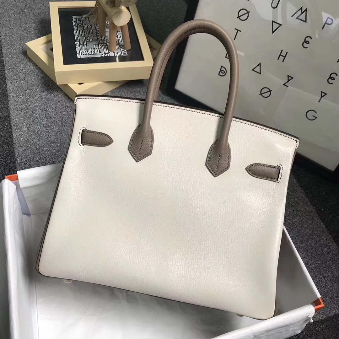 Hermès（爱马仕）奶昔白拼大象灰 原厂御用顶级山羊皮拼小牛皮 Birkin 30 拉丝金扣