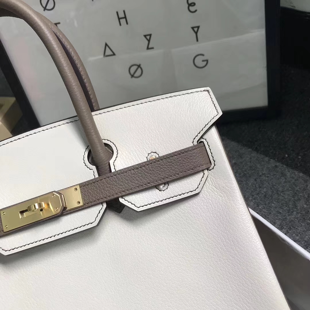 Hermès（爱马仕）奶昔白拼大象灰 原厂御用顶级山羊皮拼小牛皮 Birkin 30 拉丝金扣