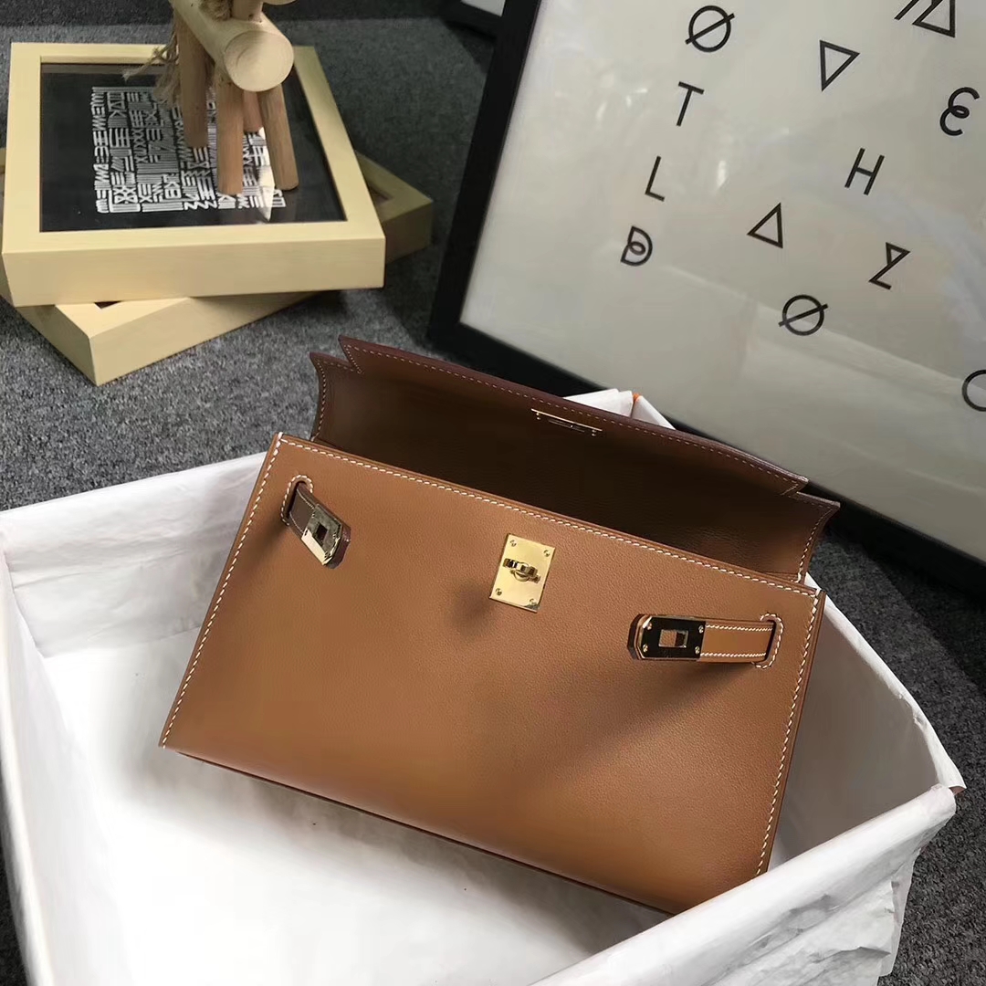 Hermès（爱马仕）金棕色 原厂御用顶级Swift 皮 Mini Kelly 金扣 现货