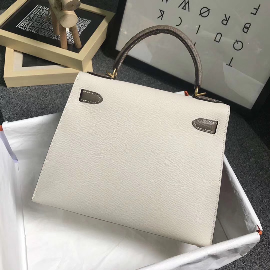 Hermès（爱马仕）奶昔白拼CK18大象灰 原厂御用顶级Epsom 皮 Kelly 28 外缝 金扣 现货