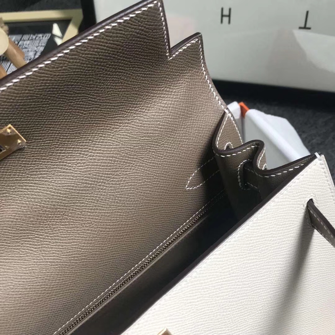 Hermès（爱马仕）奶昔白拼CK18大象灰 原厂御用顶级Epsom 皮 Kelly 28 外缝 金扣 现货