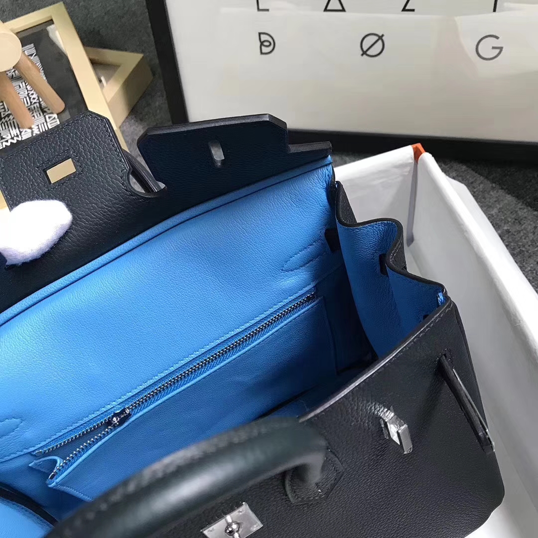 Hermès（爱马仕）松柏绿拼琉璃蓝 原厂御用顶级小牛皮拼Swift  Birkin 25 银扣
