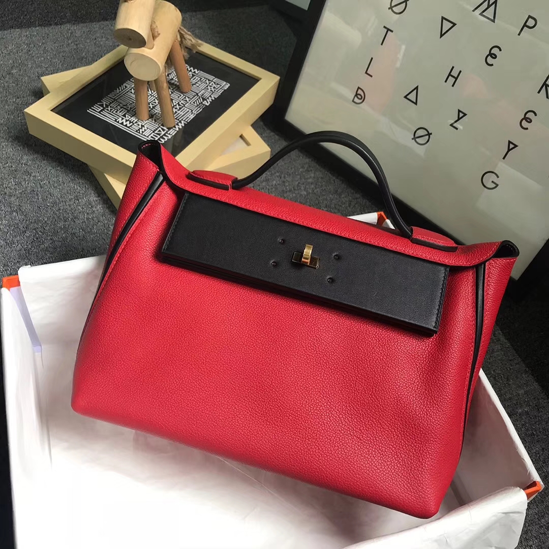 Hermès（爱马仕）中国红拼黑色 原厂御用顶级小牛皮拼Swift 皮 2424 金扣 现货