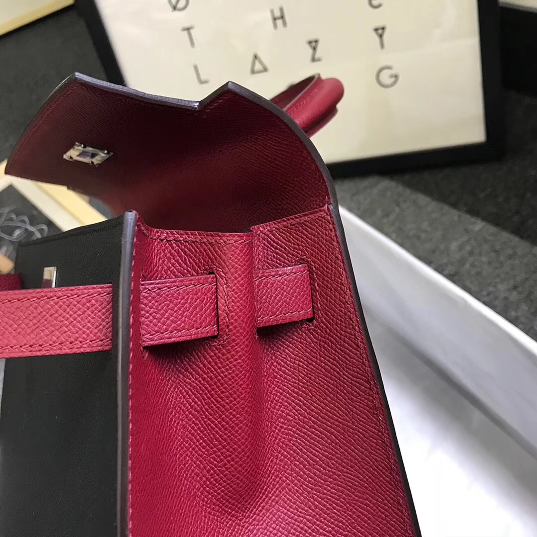 Hermès（爱马仕）CK89黑色拼K1石榴红 原厂御用顶级Epsom 皮 Kelly 25 外缝 银扣