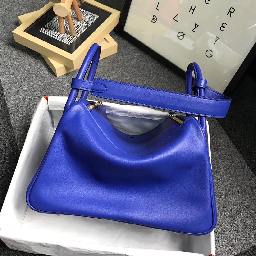 Hermès（爱马仕）电光蓝 原厂御用顶级Swift 皮 Lindy 30 金扣