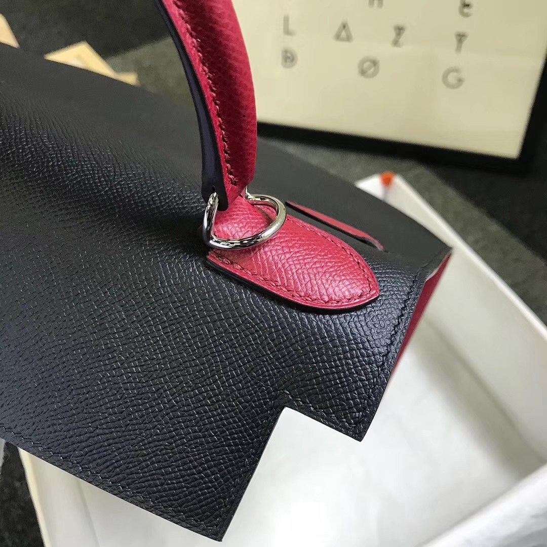 Hermès（爱马仕）CK89黑色拼K1石榴红 原厂御用顶级Epsom 皮 Kelly 25 外缝 银扣