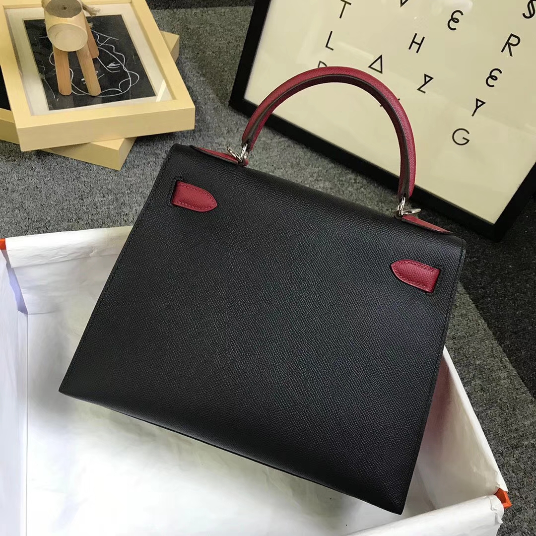 Hermès（爱马仕）CK89黑色拼K1石榴红 原厂御用顶级Epsom 皮 Kelly 25 外缝 银扣
