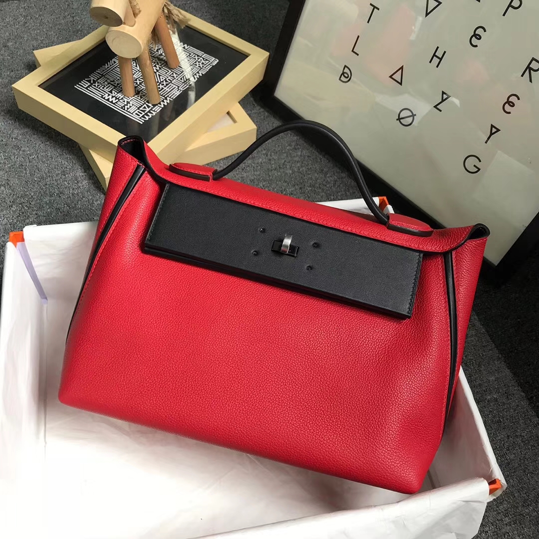 Hermès（爱马仕）中国红拼黑色 原厂御用顶级小牛皮拼Swift 皮 2424 金扣 现货