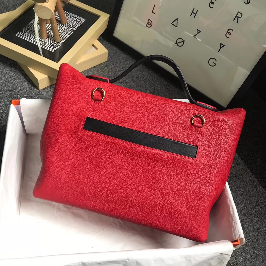 Hermès（爱马仕）中国红拼黑色 原厂御用顶级小牛皮拼Swift 皮 2424 金扣 现货