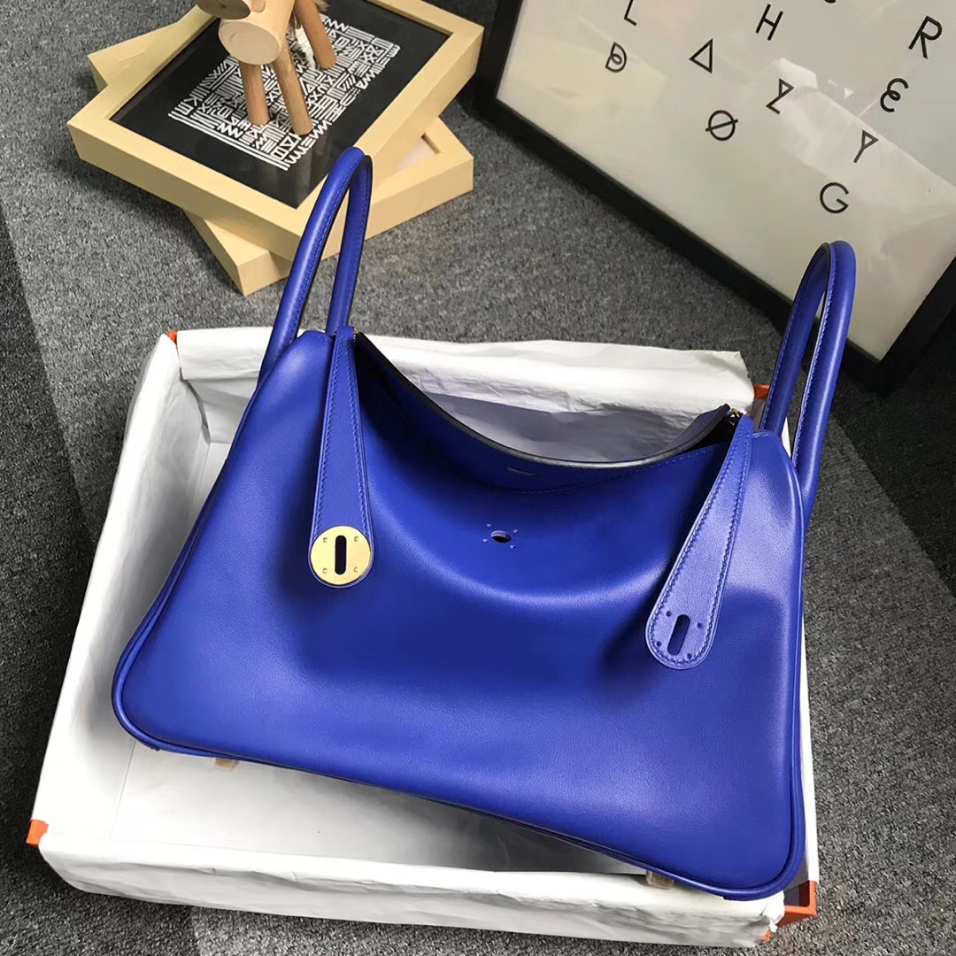 Hermès（爱马仕）电光蓝 原厂御用顶级Swift 皮 Lindy 30 金扣