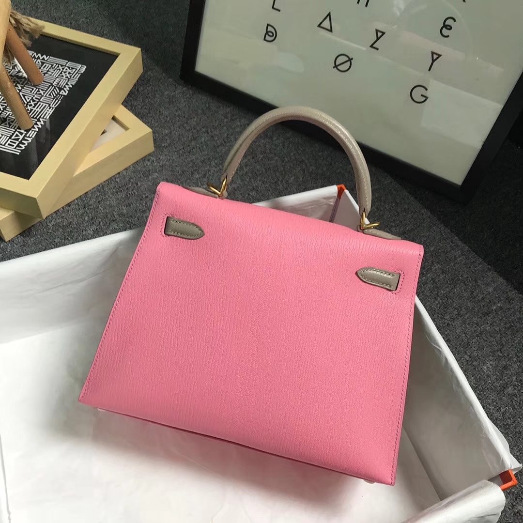 Hermès（爱马仕）1Q奶昔粉拼珍珠灰 原厂御用顶级山羊皮 Kelly 25 外缝 金扣