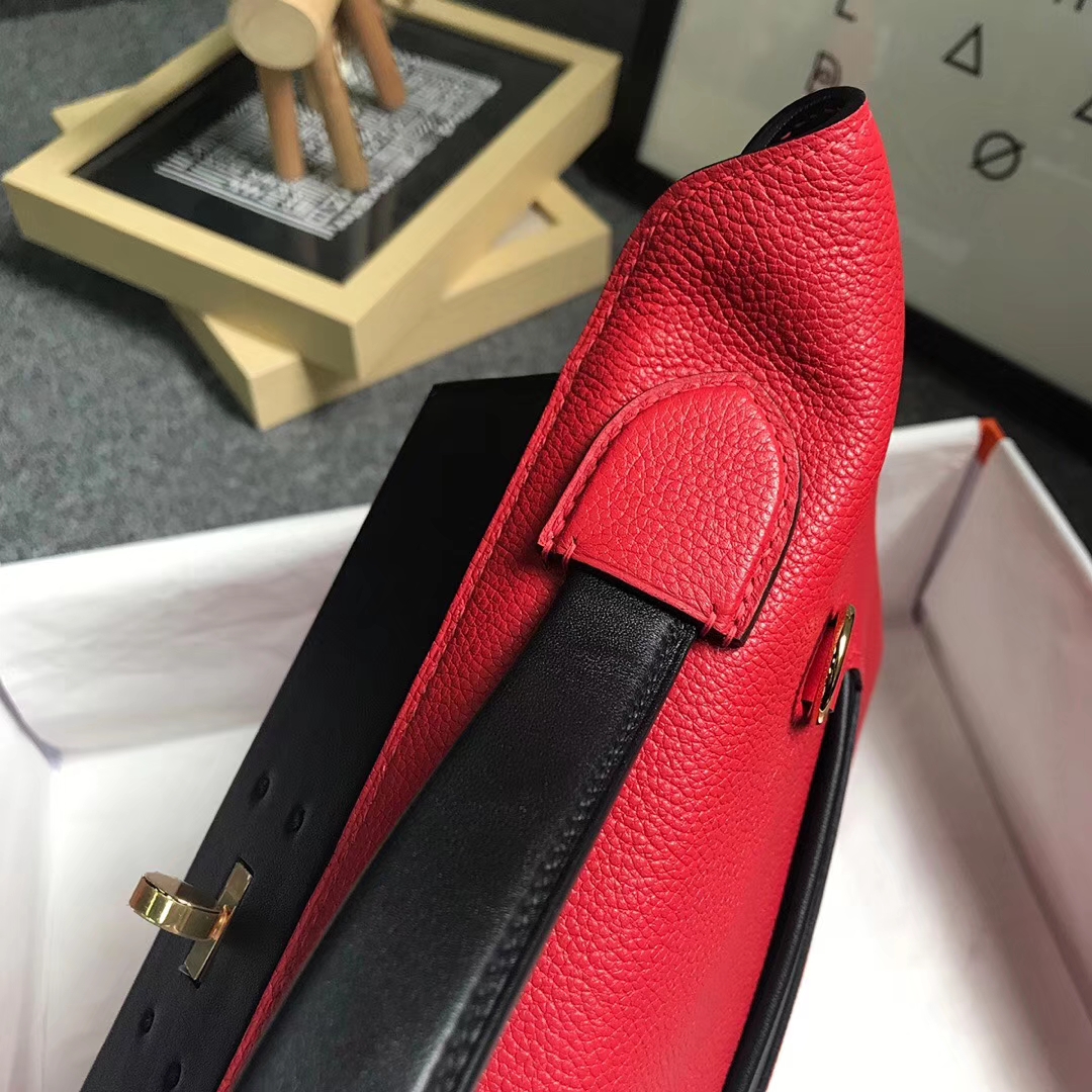 Hermès（爱马仕）中国红拼黑色 原厂御用顶级小牛皮拼Swift 皮 2424 金扣 现货