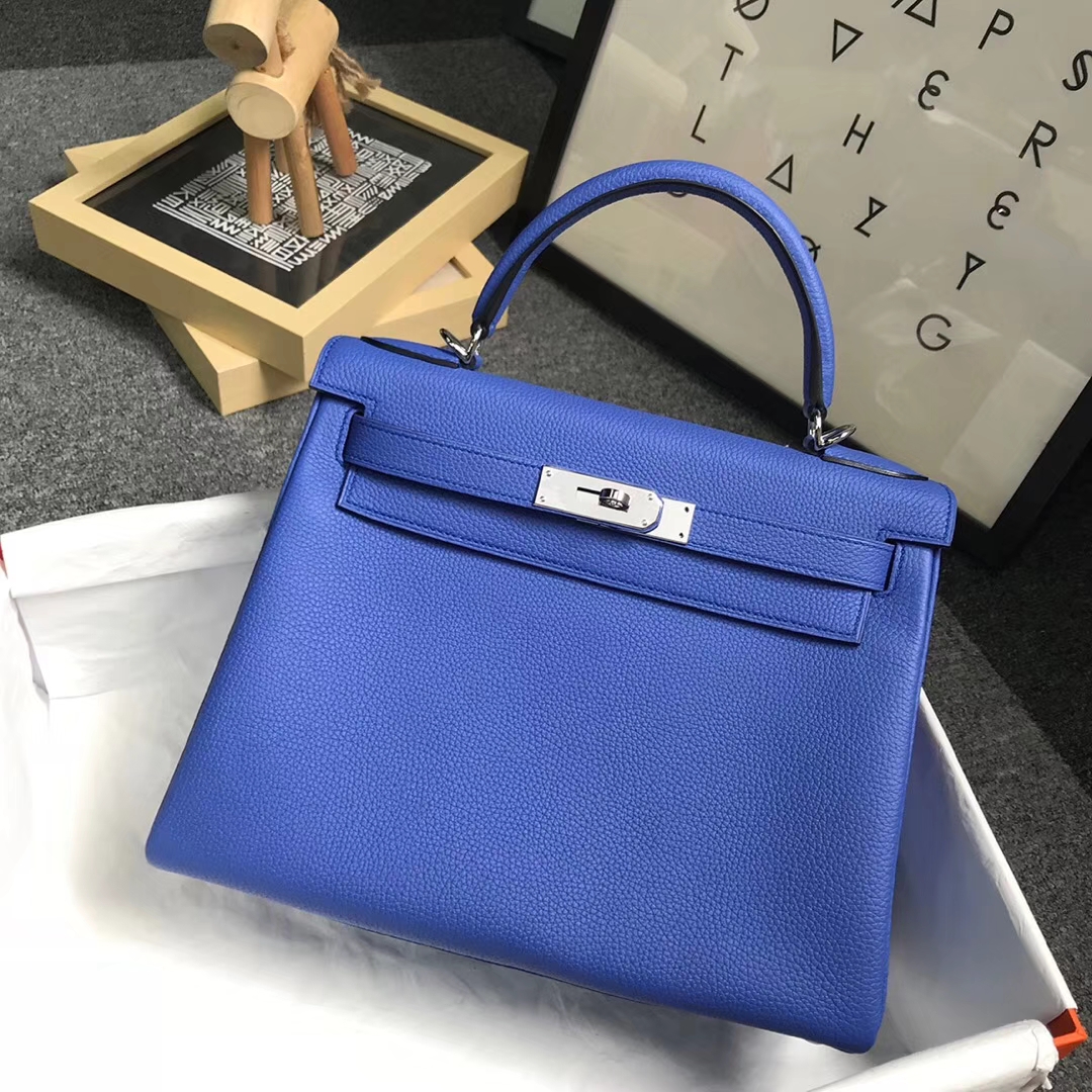 Hermès（爱马仕）7E 明蓝色 原厂御用顶级小牛皮 Kelly 28 银扣