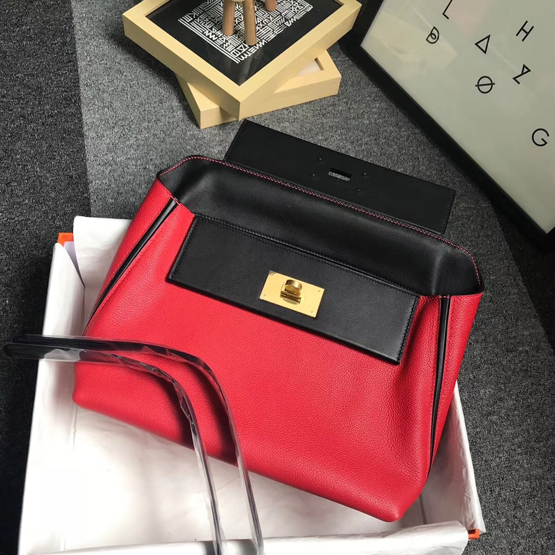 Hermès（爱马仕）中国红拼黑色 原厂御用顶级小牛皮拼Swift 皮 2424 金扣 现货