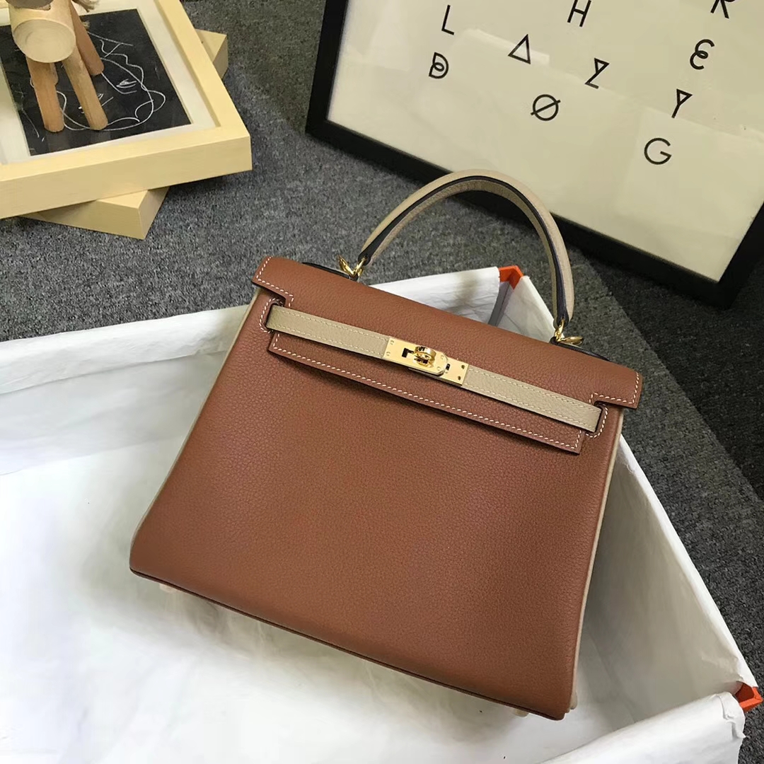 Hermès（爱马仕）金棕色拼风衣灰 原厂御用顶级小牛皮 Kelly 25 金扣