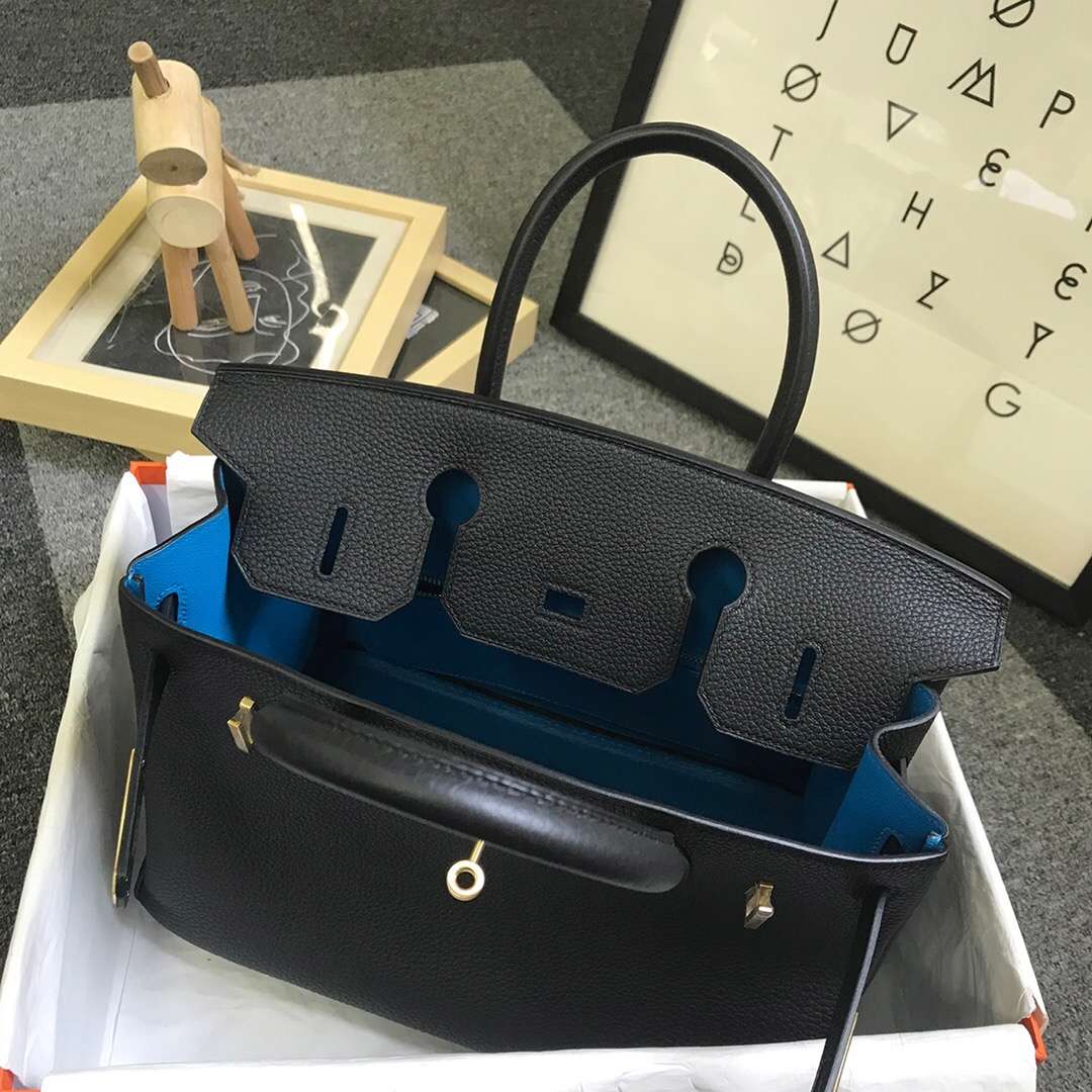 Hermès（爱马仕）黑色内拼B3坦桑尼亚蓝 原厂御用顶级小牛皮 Birkin 30 金扣