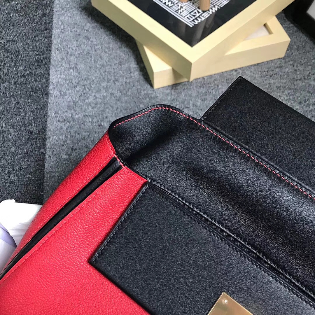 Hermès（爱马仕）中国红拼黑色 原厂御用顶级小牛皮拼Swift 皮 2424 金扣 现货