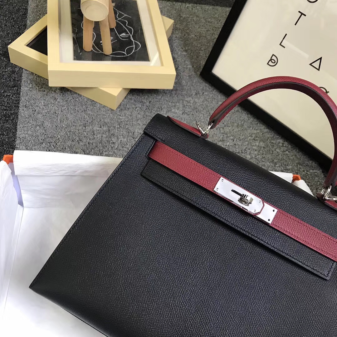 Hermès（爱马仕）CK89黑色拼K1石榴红 原厂御用顶级Epsom 皮 Kelly 25 外缝 银扣