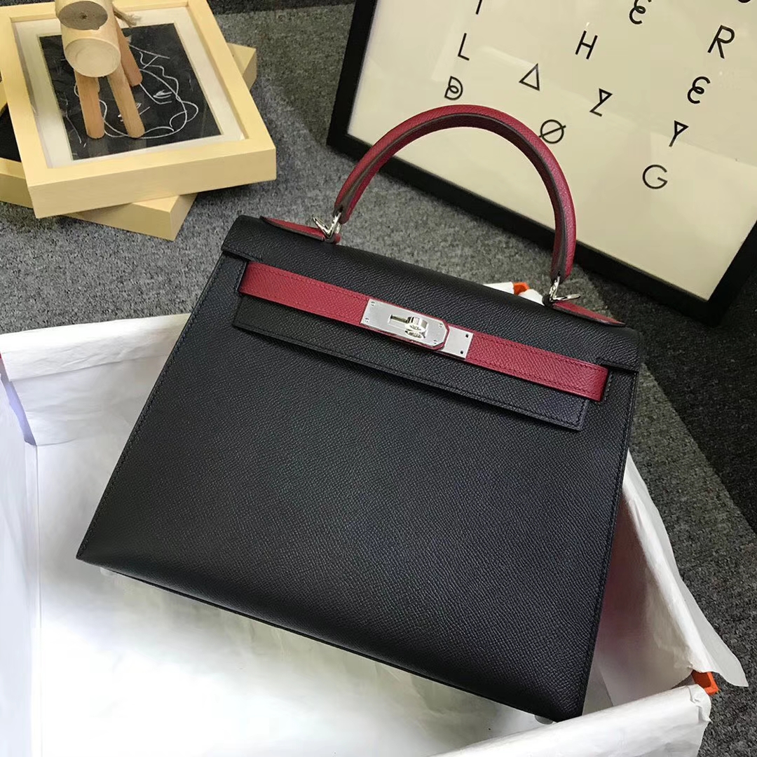Hermès（爱马仕）CK89黑色拼K1石榴红 原厂御用顶级Epsom 皮 Kelly 25 外缝 银扣
