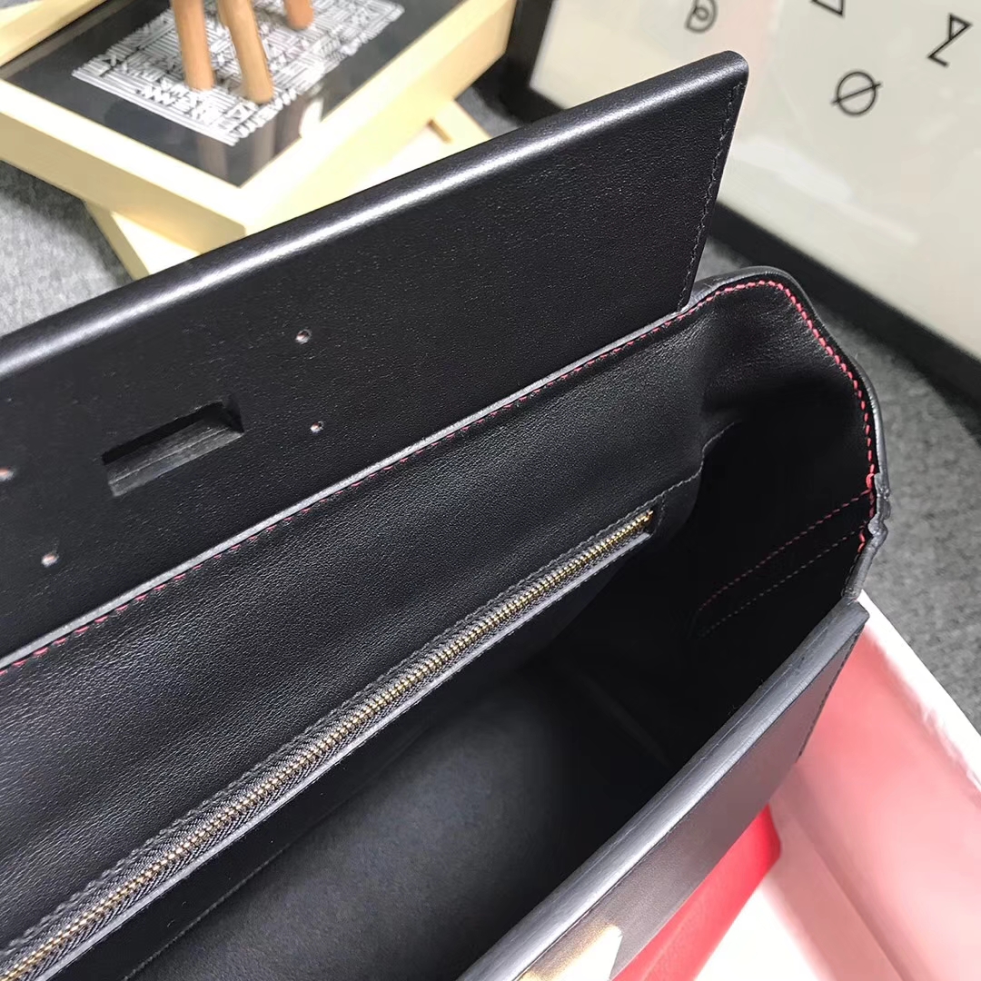 Hermès（爱马仕）中国红拼黑色 原厂御用顶级小牛皮拼Swift 皮 2424 金扣 现货