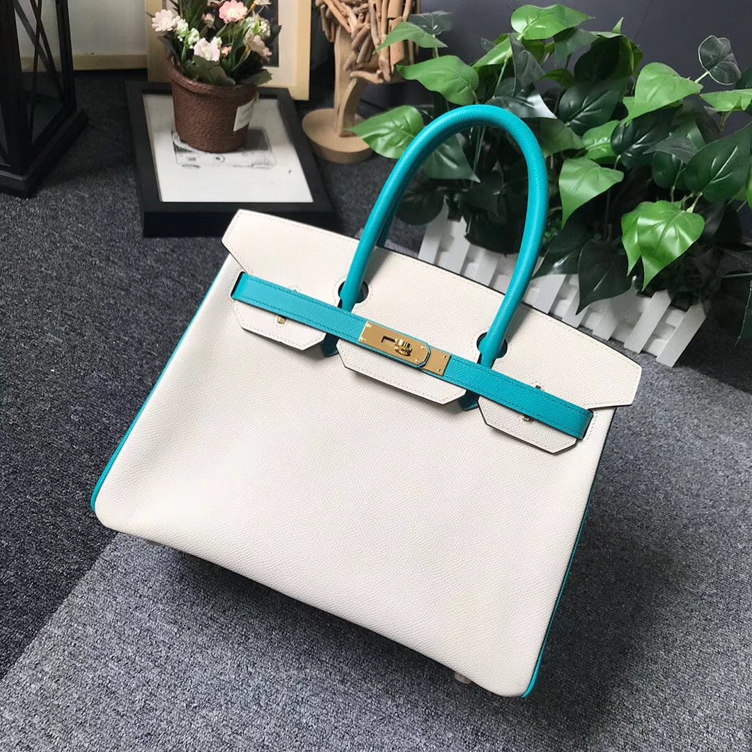 Hermès（爱马仕）奶昔白拼7F孔雀蓝 原厂御用顶级Epsom 皮 Birkin 30 金扣