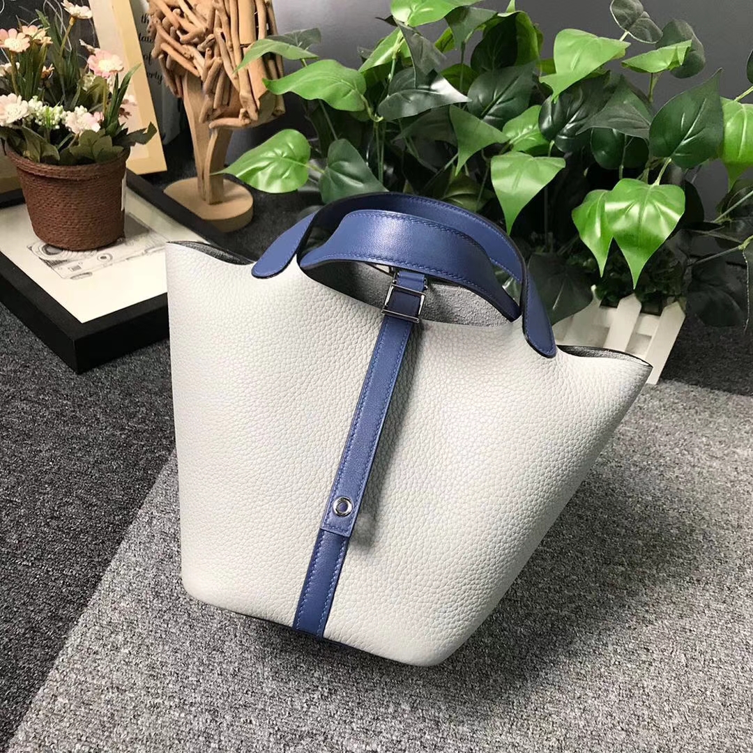 Hermès（爱马仕）海鸥灰拼玛瑙蓝 原厂御用顶级TC 皮 Picotin  Lock 18cm 银扣