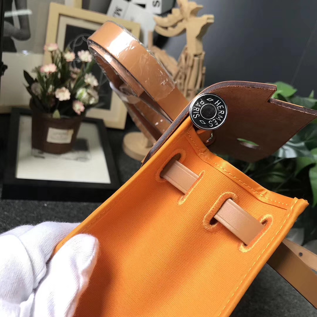 Hermès（爱马仕）金棕色马鞍皮拼橙色帆布 Herbag 31 现货