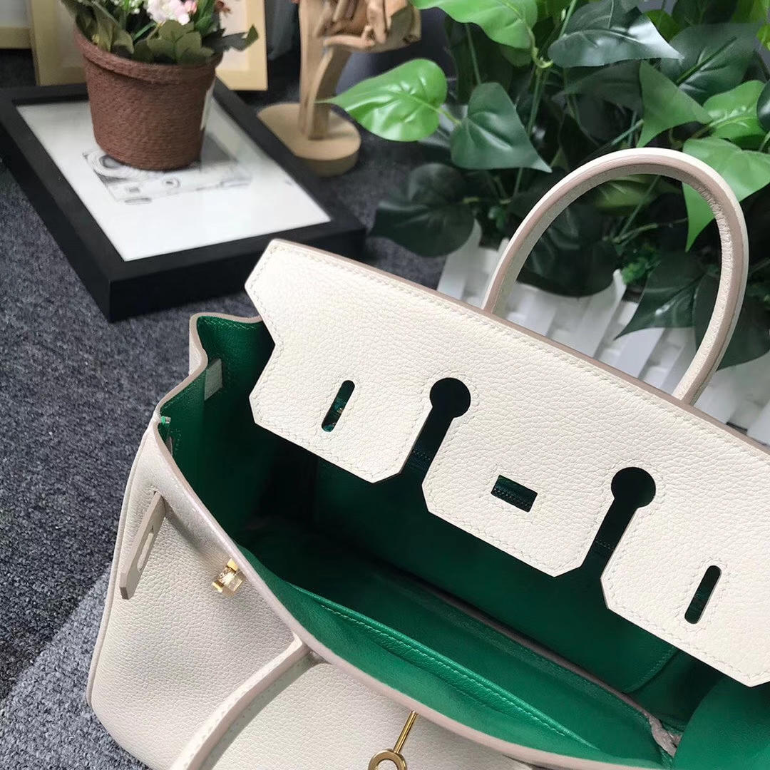 Hermès（爱马仕）奶昔白内拼U4丝绒绿 原厂御用顶级小牛皮 Birkin 25 金扣
