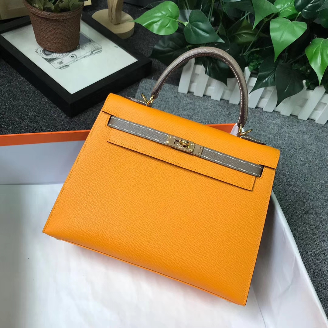 Hermès（爱马仕）9V太阳金黄拼大象灰 原厂御用顶级Epsom 皮 Kelly 25 外缝 金扣