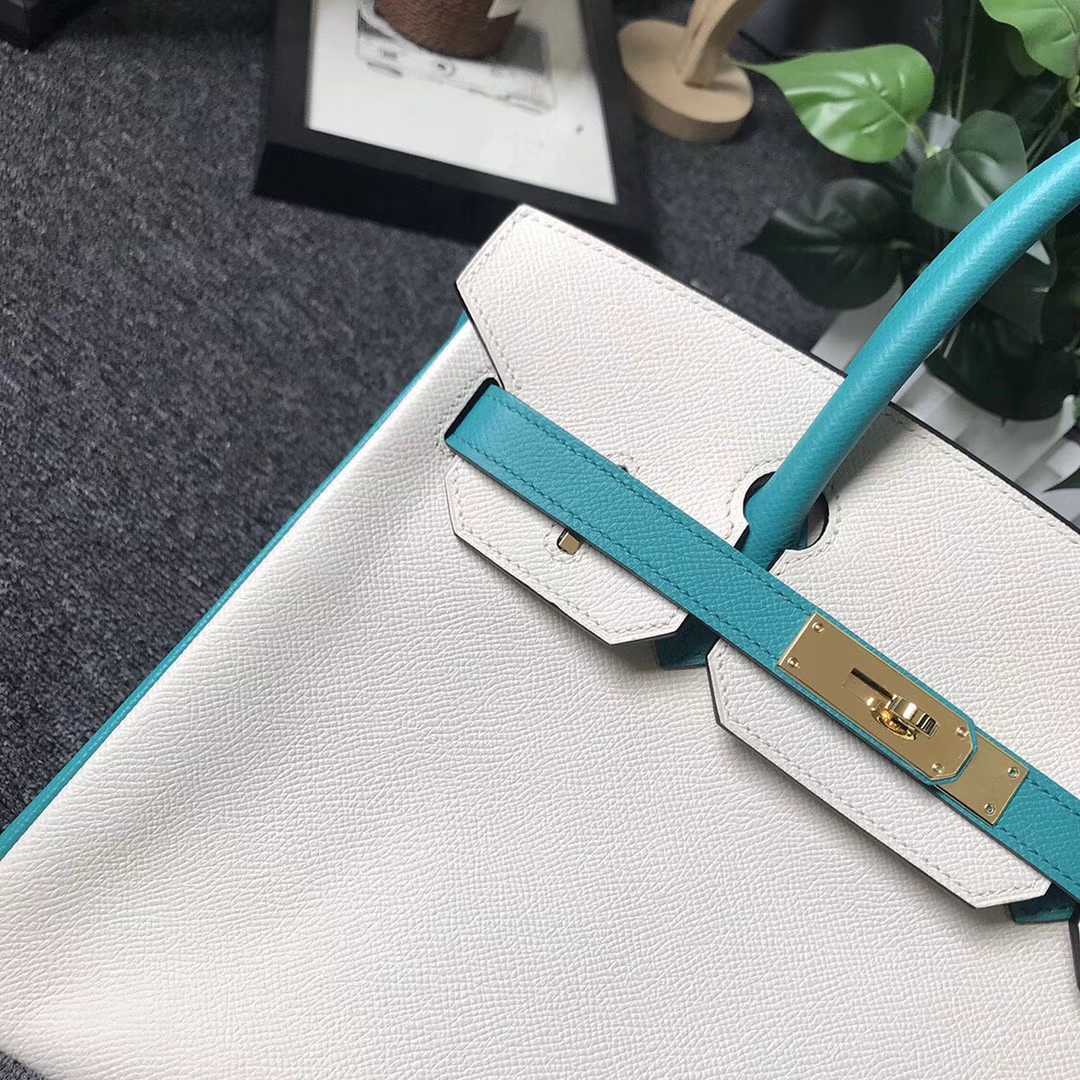 Hermès（爱马仕）奶昔白拼7F孔雀蓝 原厂御用顶级Epsom 皮 Birkin 30 金扣