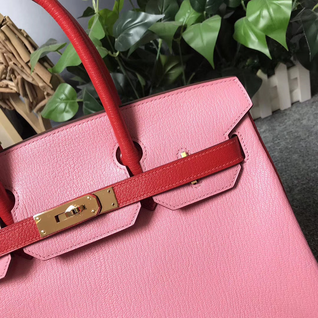 Hermès（爱马仕）1Q奶昔粉拼S5番茄红 原厂御用顶级山羊皮 Birkin 30 金扣