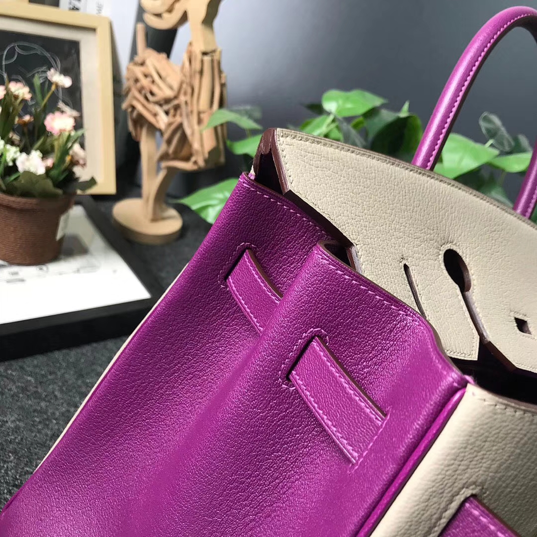 Hermès（爱马仕）风衣灰拼海葵紫 原厂御用顶级山羊皮 Birkin 35 金扣 现货
