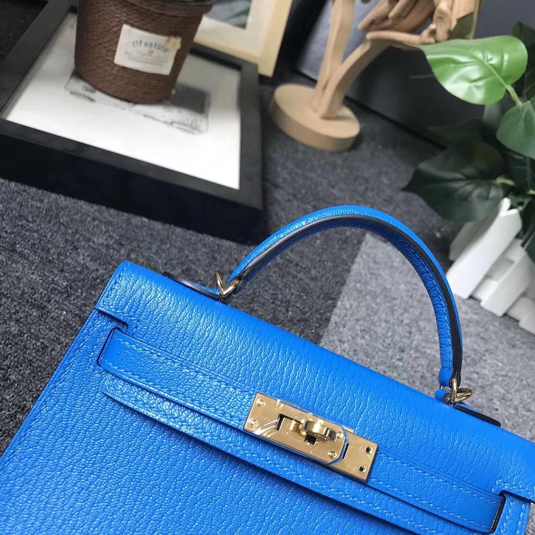 Hermès（爱马仕）水姚蓝 原厂御用顶级山羊皮 Mini Kelly 二代 金扣 现货
