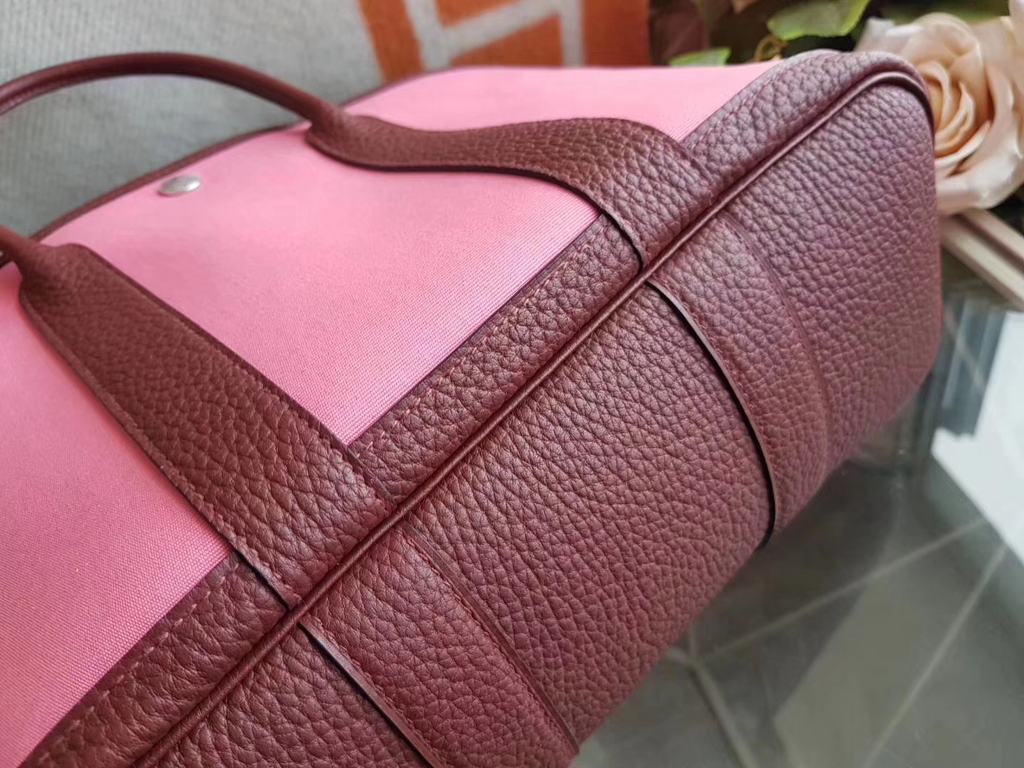 Hermès（爱马仕）Garden Party 花园包 帆布拼牛皮 8w新唇膏粉拼爱马仕红 30Cm