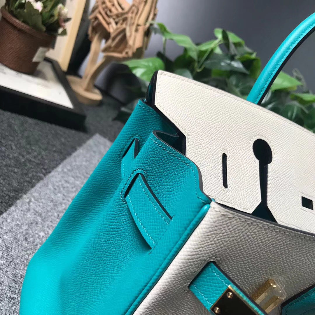 Hermès（爱马仕）奶昔白拼7F孔雀蓝 原厂御用顶级Epsom 皮 Birkin 30 金扣