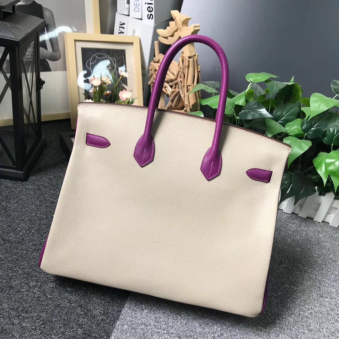Hermès（爱马仕）风衣灰拼海葵紫 原厂御用顶级山羊皮 Birkin 35 金扣 现货
