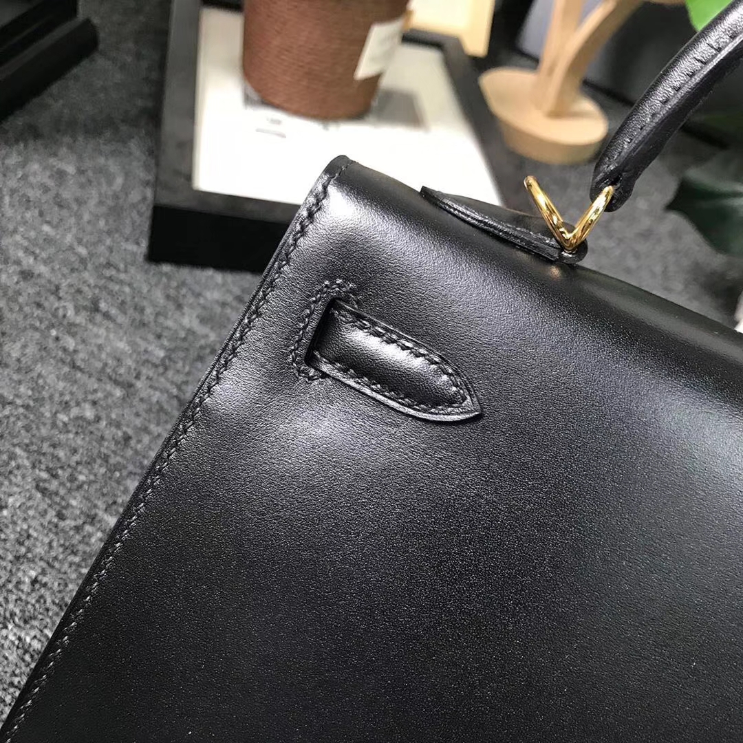 Hermès（爱马仕）黑色 原厂御用顶级Box 皮 Kelly 25 外缝 金扣