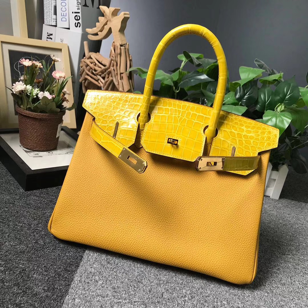 Hermès（爱马仕）9D琥珀黄 原厂御用顶级小牛皮拼鳄鱼皮 Birkin 30 金扣