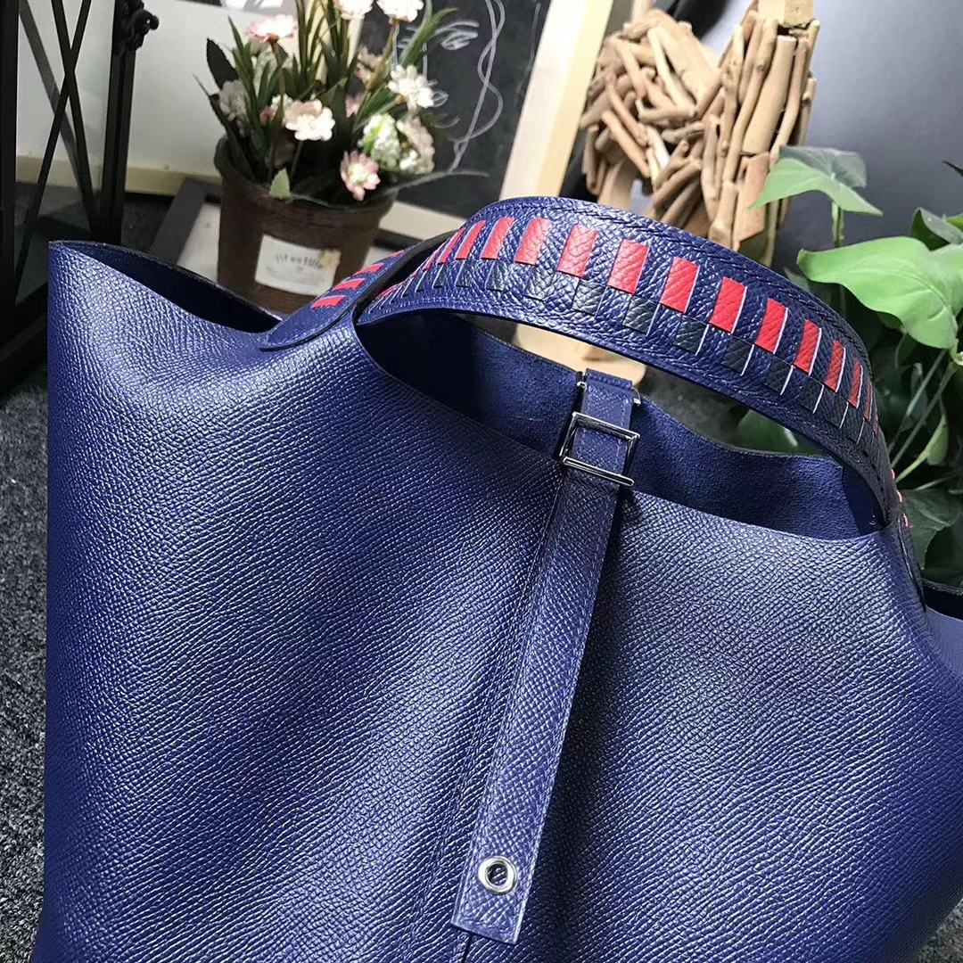 Hermès（爱马仕）7K宝石蓝 编织手腕 原厂御用顶级Epsom 皮 Picotin  Lock 22cm 银扣