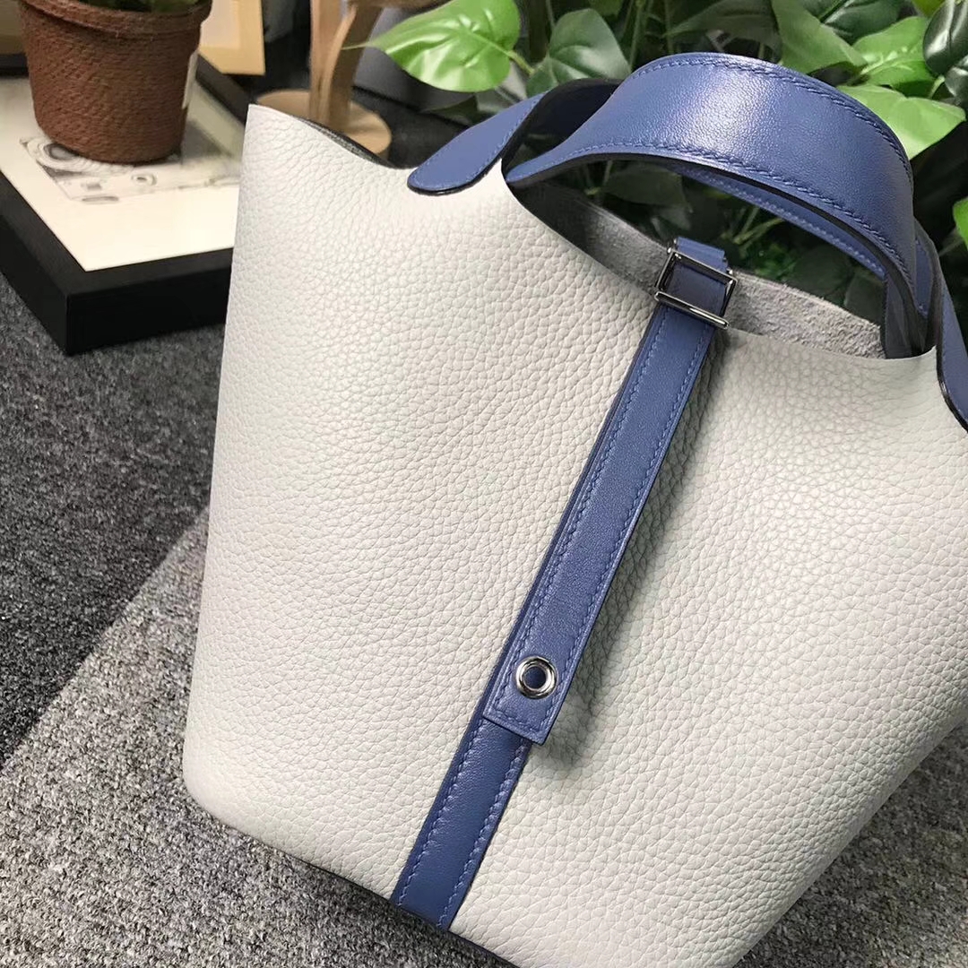 Hermès（爱马仕）海鸥灰拼玛瑙蓝 原厂御用顶级TC 皮 Picotin  Lock 18cm 银扣